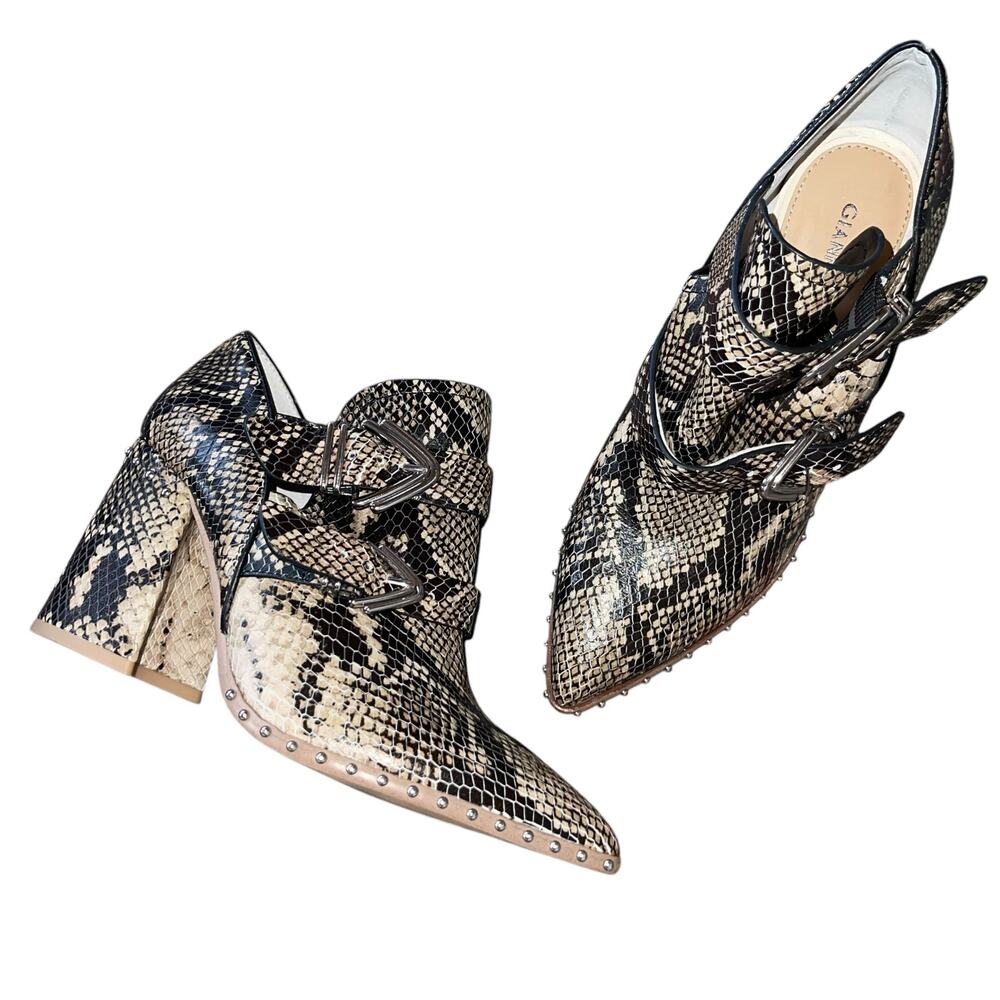 Snakeskin Boots Block Heel Buckle Studs Point Toe - Picture 4 of 9